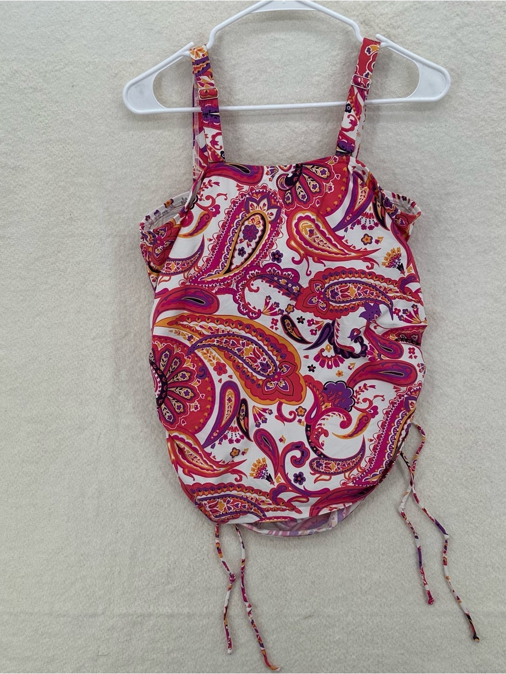 Tankini Y2K Paisley Ruched Swim Top in Orange Pink and White - Picture 3 of 6